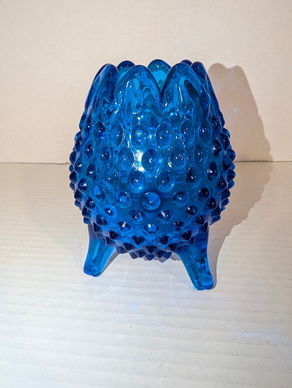Vintage Fenton Glass Blue Hobnail Three Footed Vase